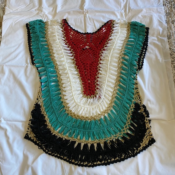 QUESTIONS BY SAY WHAT? Metallic Rainbow Crochet Boho Festival Top M - Picture 10 of 16